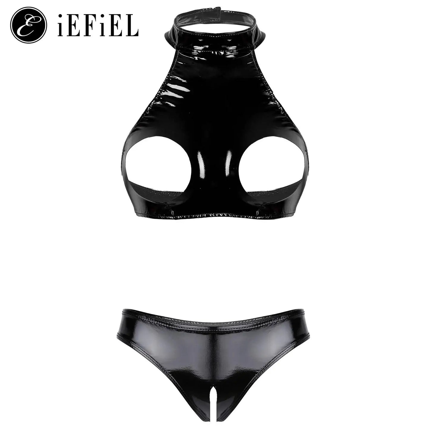 Damen Wet Look Leder aushöhlen Dessous Set 2 Stück Open Bust BH Top mit Schritt lose Slips sexy Nachtwäsche Nachtwäsche