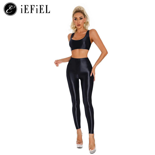 Damen glänzendes Öl ärmelloses U-Ausschnitt Racer back Crop Top mit Leggings für Tanz Yoga Sport Gym Fitness Übung Active wear