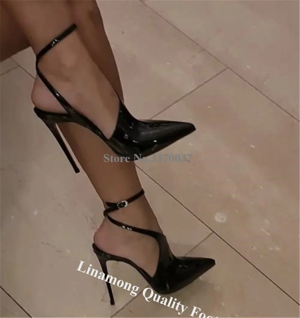 Linunter sexy schwarz beige Lack leder Stiletto Fersen Pumps spitzen Zehen aus geschnittene Träger kreuzen dünne Absätze Party Heels große Größe