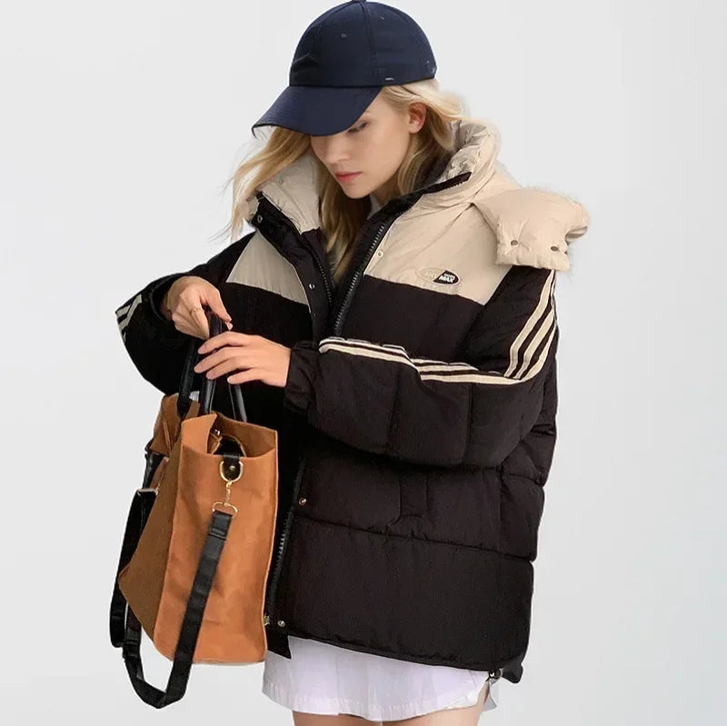 2024 neue Winter Damen jacke Kontrast lässig Kapuze Daunen Baumwoll jacke weiblich verdicken warme lose Puffer gepolsterte Parkas Mäntel