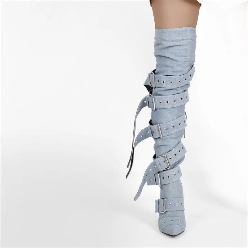 Only maker Frauen Schnalle Riemen über dem Knie Stiefel dünne High Heel Lady Reiß verschluss weibliche Oberschenkel hohe spitze Zehen Stiletto Stiefel