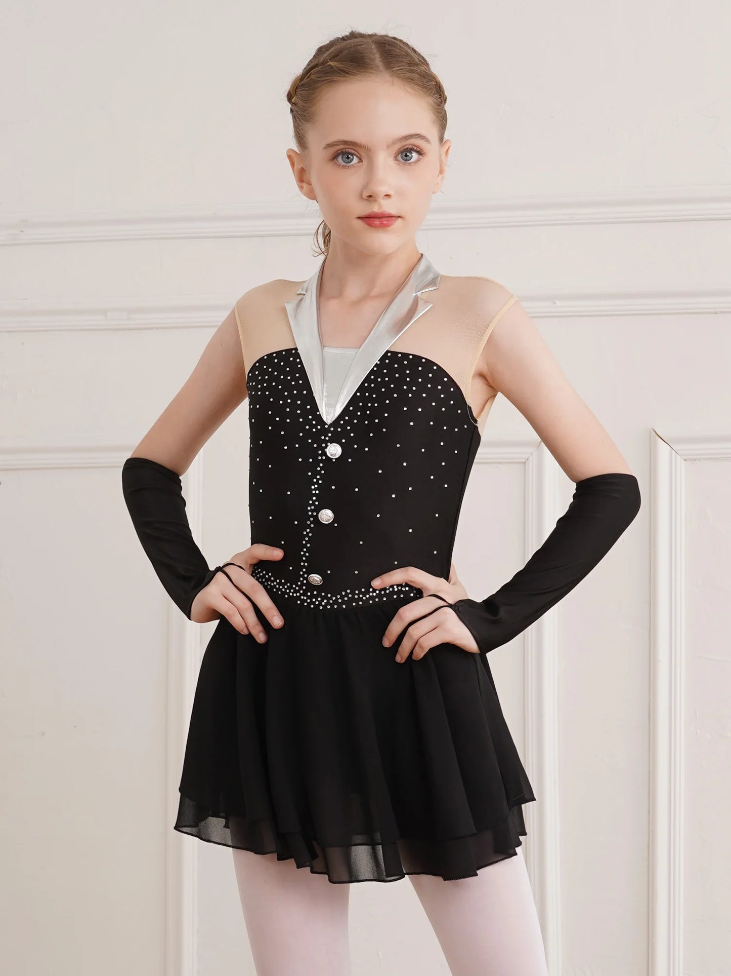 Kids Girls Figure Skating Costume Sequins Ballet Dance Dress with Fingerless Gloves Gymnastics Skirted Leotard Lyrical Dancewear