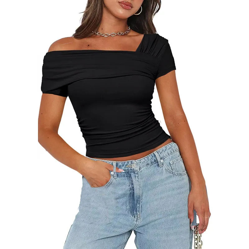 BIIKPIIK One-shoulder Shirring Short Sleeve T-shirt for Women Casual Backless Concise Tees All-match Solid Crop Top Basic Outfit