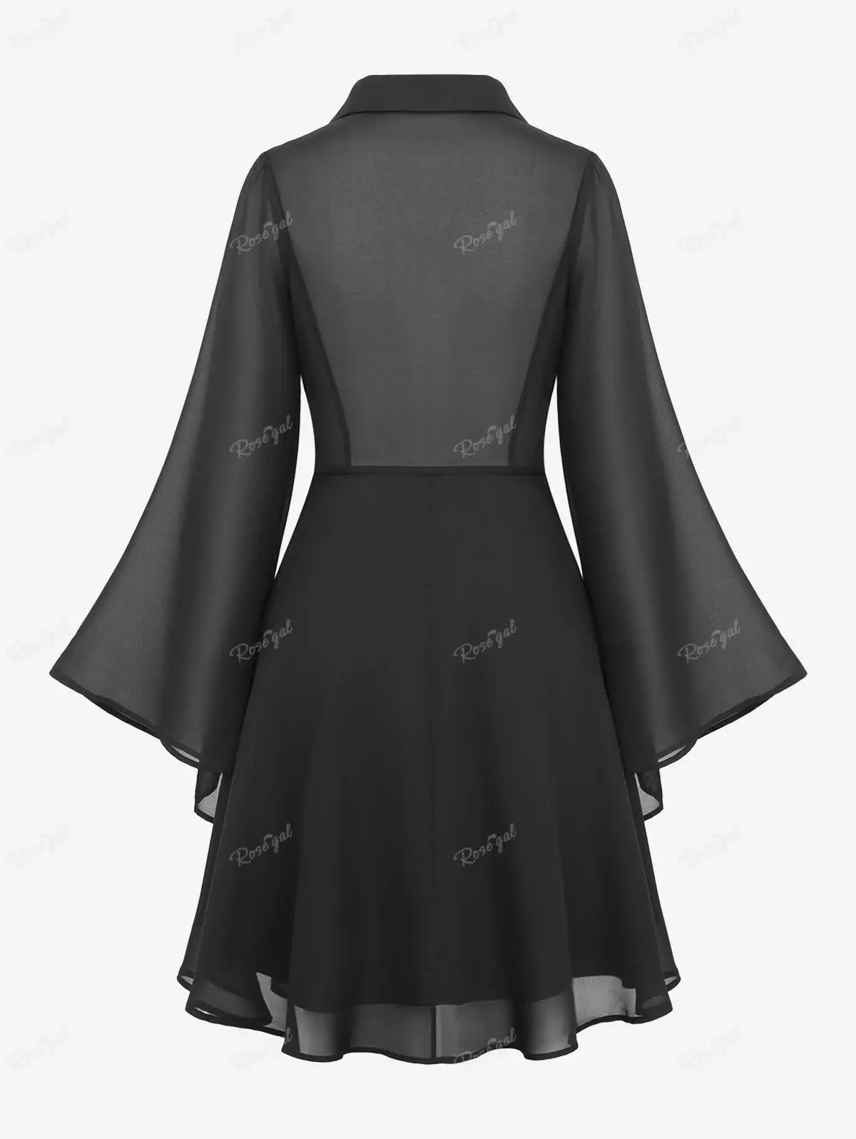 Rosegal Gothic Kleider Flare Ärmel Turn-Down Kragen Kreuz halben Reiß verschluss Spitzen besatz geschichtet Pu Panel Korsett Chiffon Kleid schwarz