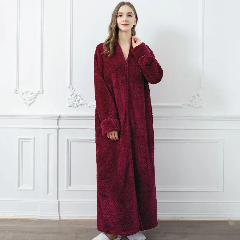 Frauen Winter extra lange warme Jacquard Flanell Bademantel schwangeren Reiß verschluss plus Größe Bademantel Lounge Korallen Fleece Bademantel