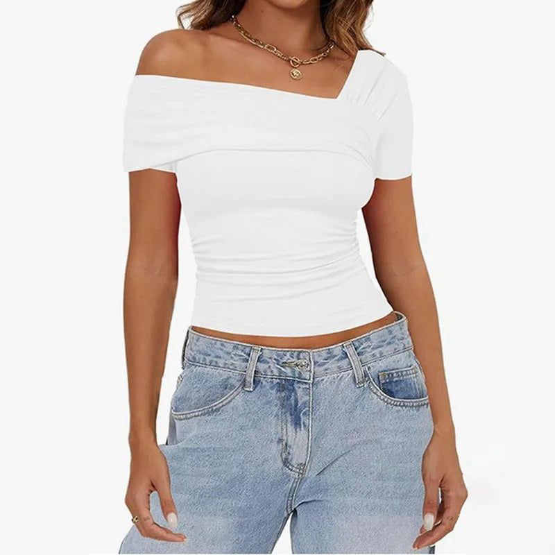 BIIKPIIK One-shoulder Shirring Short Sleeve T-shirt for Women Casual Backless Concise Tees All-match Solid Crop Top Basic Outfit