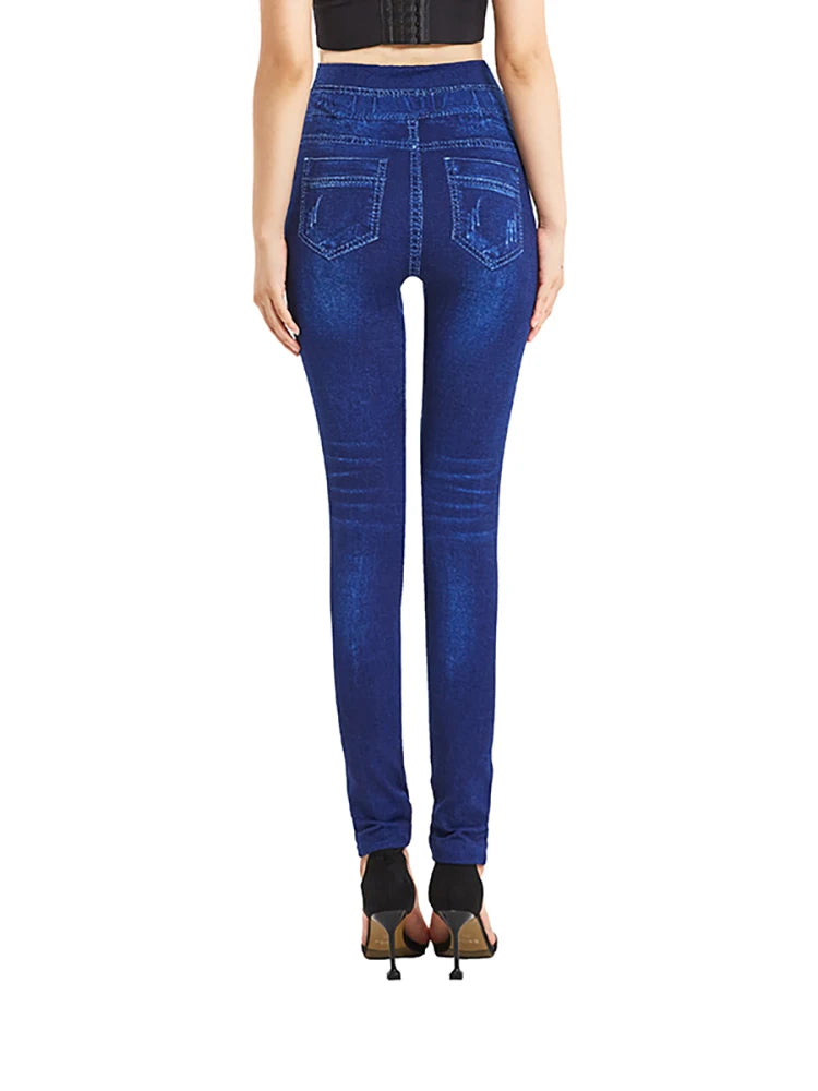CUHAKCI Fashion Slim Faux Denim Jeans Women Leggings For Fitness Workout Pocket Printing Casual Long Pencil Pants S-3X