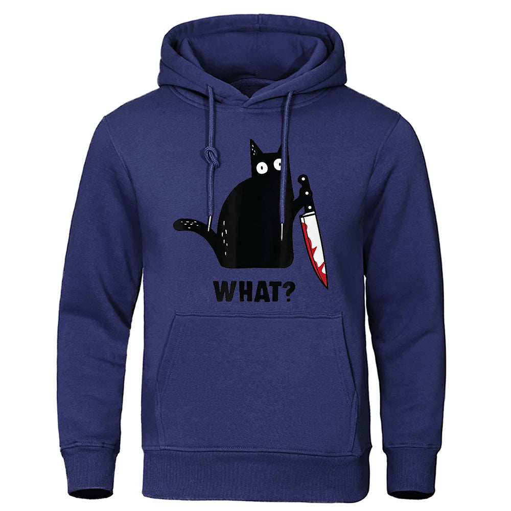 What? Black Cat With Dagger Printed Mens Sweatshirts Fashion Street Hoodies Casual Loose Sportswears Pullover Hoodie For Men