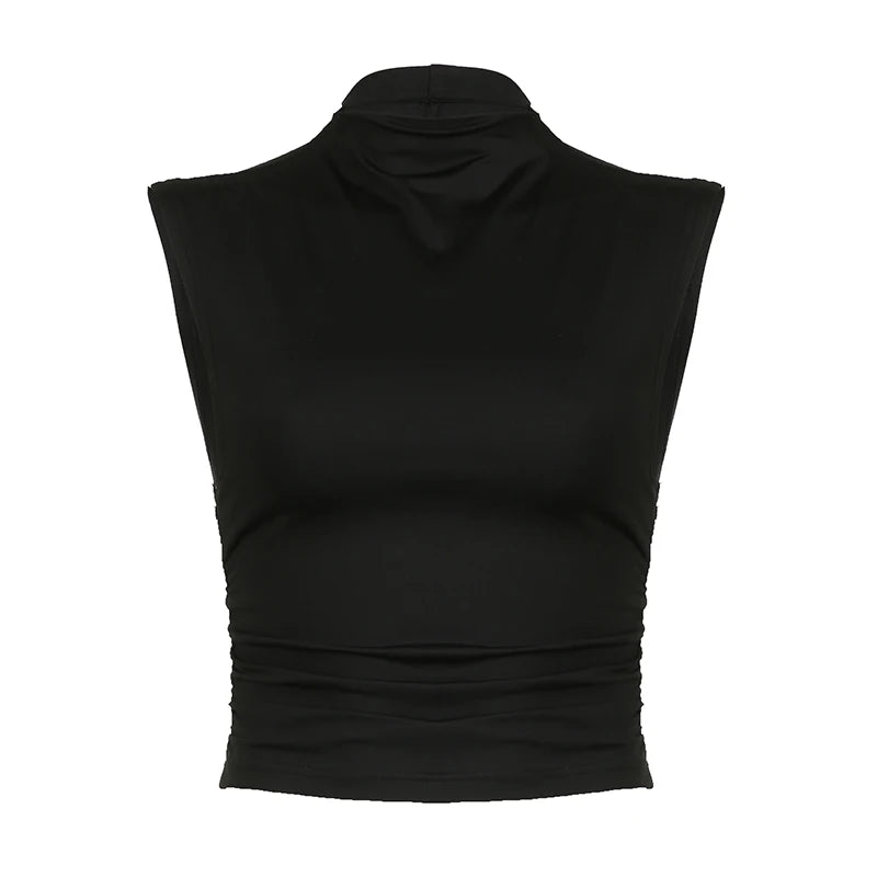 BIIKPIIK Turtleneck Shirring Tank Top for Women Sporty Casual Solid Vests All-match Concise Sleeveless Top Basic Elegant Outfits