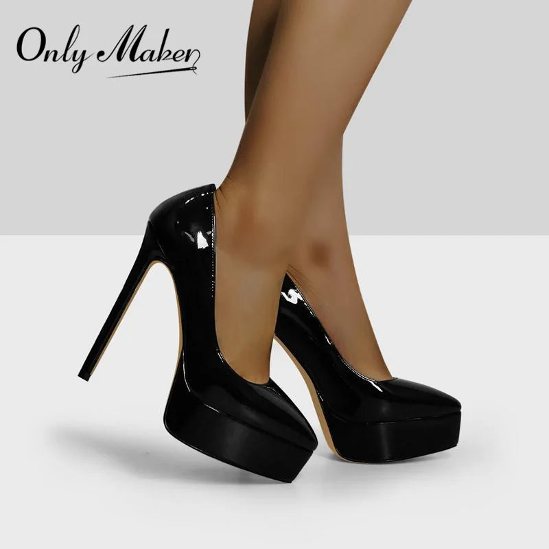 Onlymaker Frauen Spitz Plattform Pumpen Concise Slip Auf Dünnen High Heels Patent Leder Matte Schwarz Big Size Elegante Schuhe