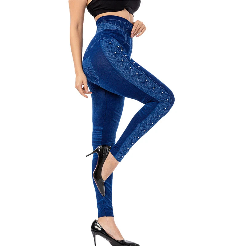CUHAKCI Women's Leggings High Elastic Tight Seamless Printed Overwear Pants Sexy Blue Print Fake Jeans Slim Fit Faux Yoga trouse