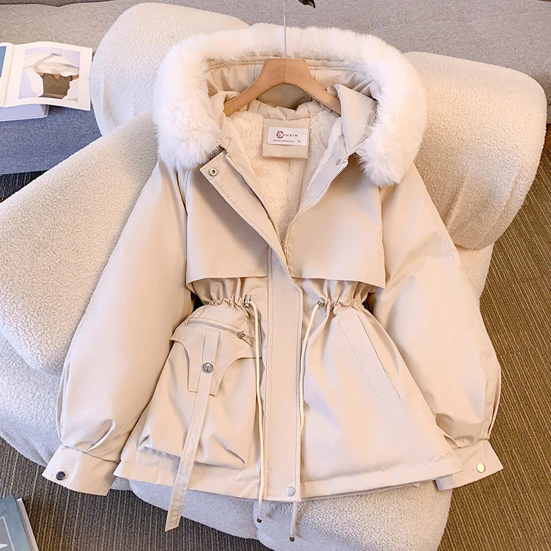 Fleece gefütterte Kapuze Daunen jacke Wintermantel für Frauen warme Kordel zug gepolsterte Parkas koreanische lässige Streetwear weibliche Puffer Outwear