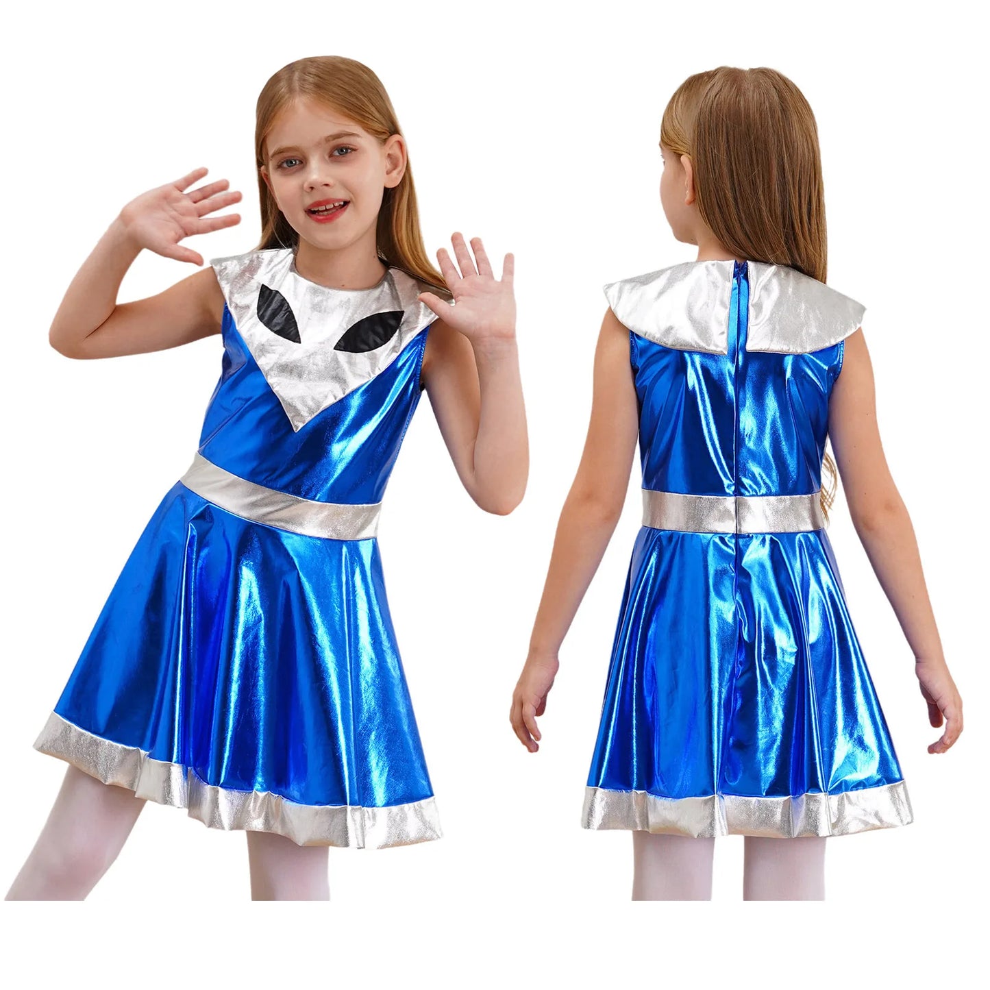 Kinder Mädchen Galaxy Outer Space Cutie Kostüm Halloween Alien Shiny Metallic A-Linie Kleider für Karneval Festivals Cosplay Party