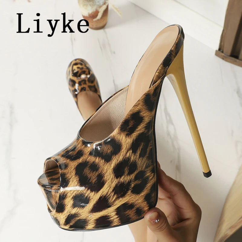 Liyke Summer Extreme High Heels Sexy Stripper Slipper Women Leopard Print Peep Toe Platform Sandal Mules Slides Shoes Lady Pumps