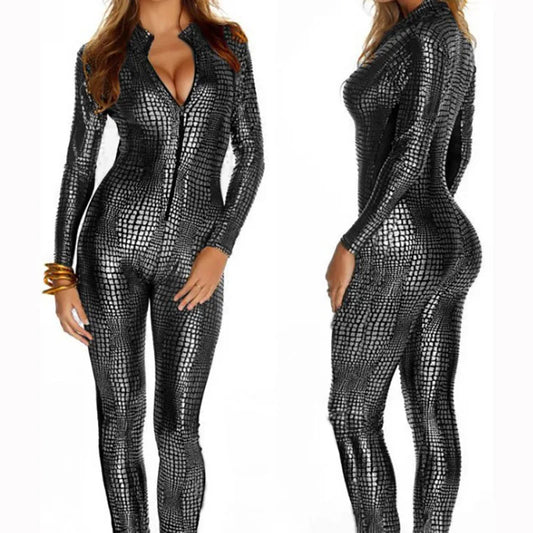 Sexy Hot Women Snake Skin Faux Leather Catsuit Bodycon Bodysuit Front Zip Wetlook Jumpsuits Stretch Bodystocking Erotic Costumes
