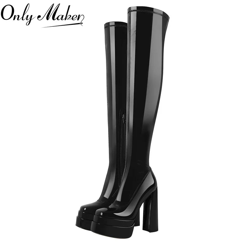 Onlymaker Frauen Plattform Dicke High Heels Karree Seite Zipper Punk Stil Über Dem Knie High Fashion Große Größe Stiefel