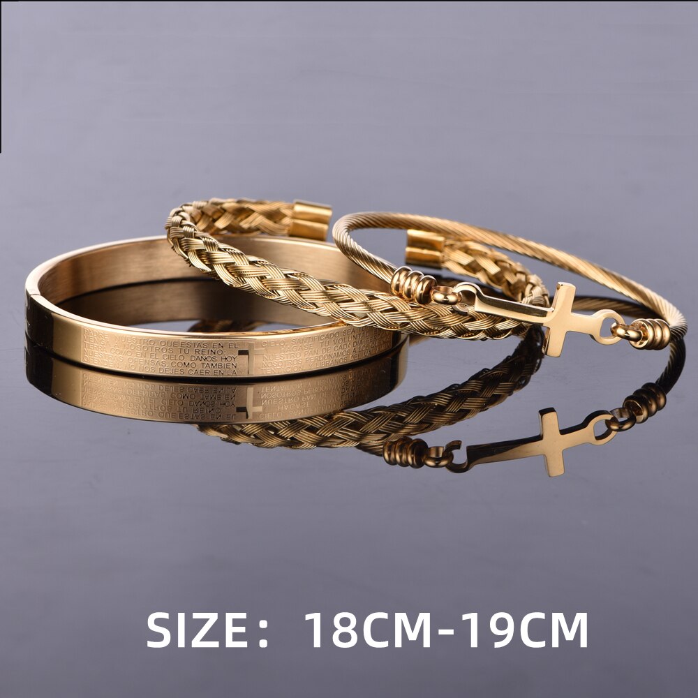 Luxury 3pcs Set Stainless Steel Bracelet  Micro Pave CZ Cross Hip Hop Men Jewelry Charm Open Brangle Carving Spanish Scripture