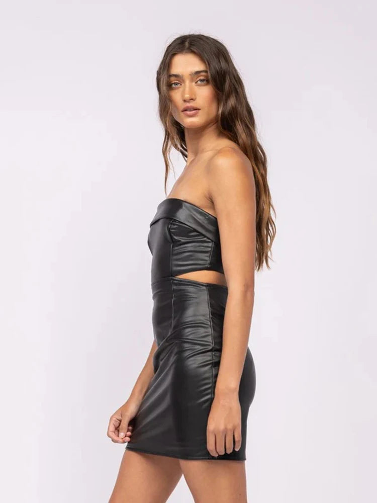 sleeveless matte leather dress women sexy strapless mini dress waist hollow out ladies stretch PU bodycon dress party clubwear