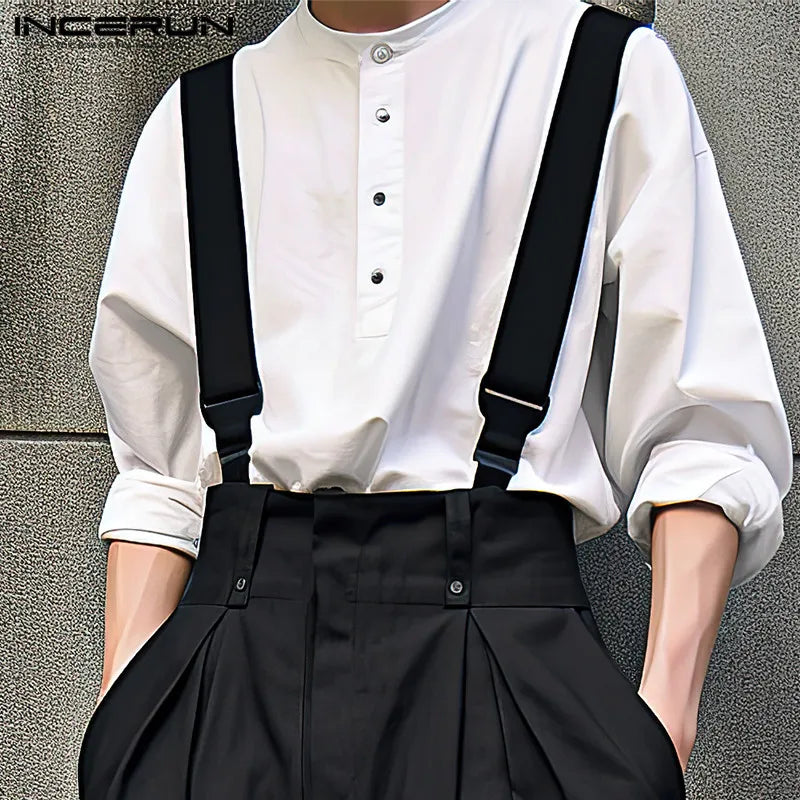INCERUN Men Jumpsuits Solid Color Loose Joggers Casual Straps Rompers Men Streetwear 2023 Fashion Leisure Overalls Pants S-5XL