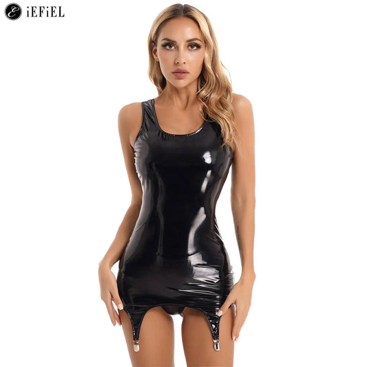 Frauen Wet Look PVC Leder Sleeveless Tank Bodycon Latex Party Nacht Club Rave Dance Mini Kleid mit Metall Clips Clubwear