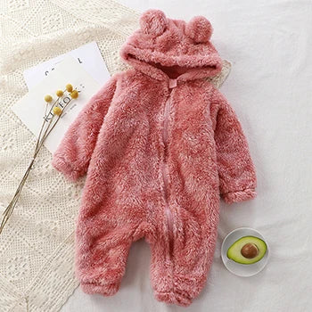 Winter Warme Neugeborenen Baby Mädchen Kleidung 3 Farben Nette Plüsch Bär Baby Strampler Komfortable Weiche Kapuze Zipper Jungen Strampler 0-3 jahre