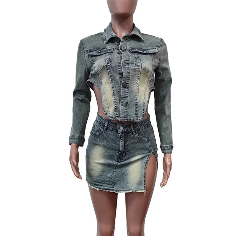 Frauen Vintage Denim 2 Stück Sets Langarm Kurz jacken Frauen Freizeit anzüge Seite Split Saum Ultra-Short Rock Trend Streetwear