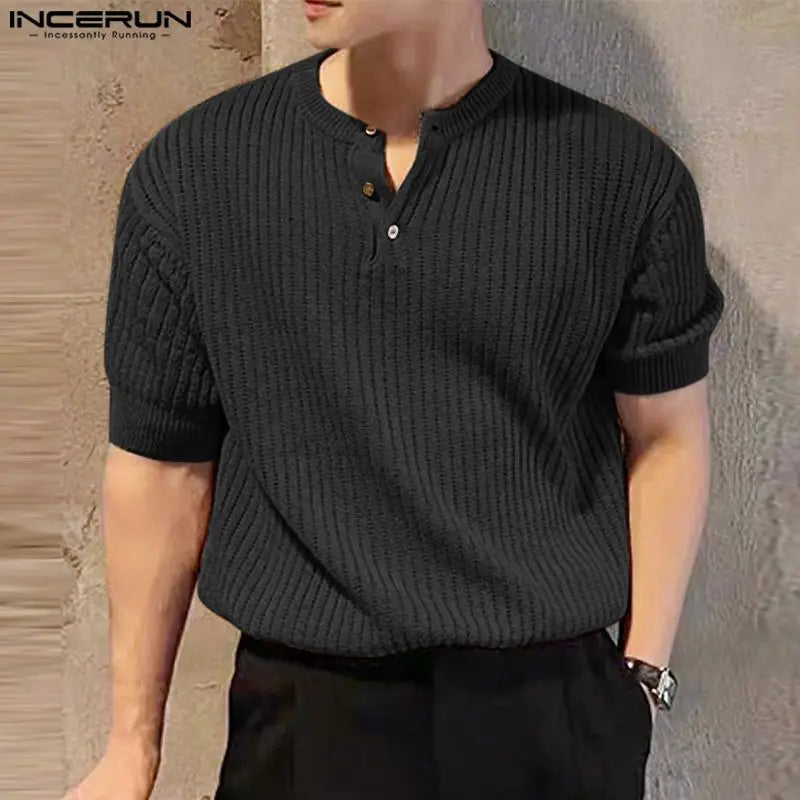 INCERUN Men T Shirts Solid Color O-neck Short Sleeve Streetwear Knitted Casual Men Clothing 2024 Summer Fashion Camisetas S-5XL