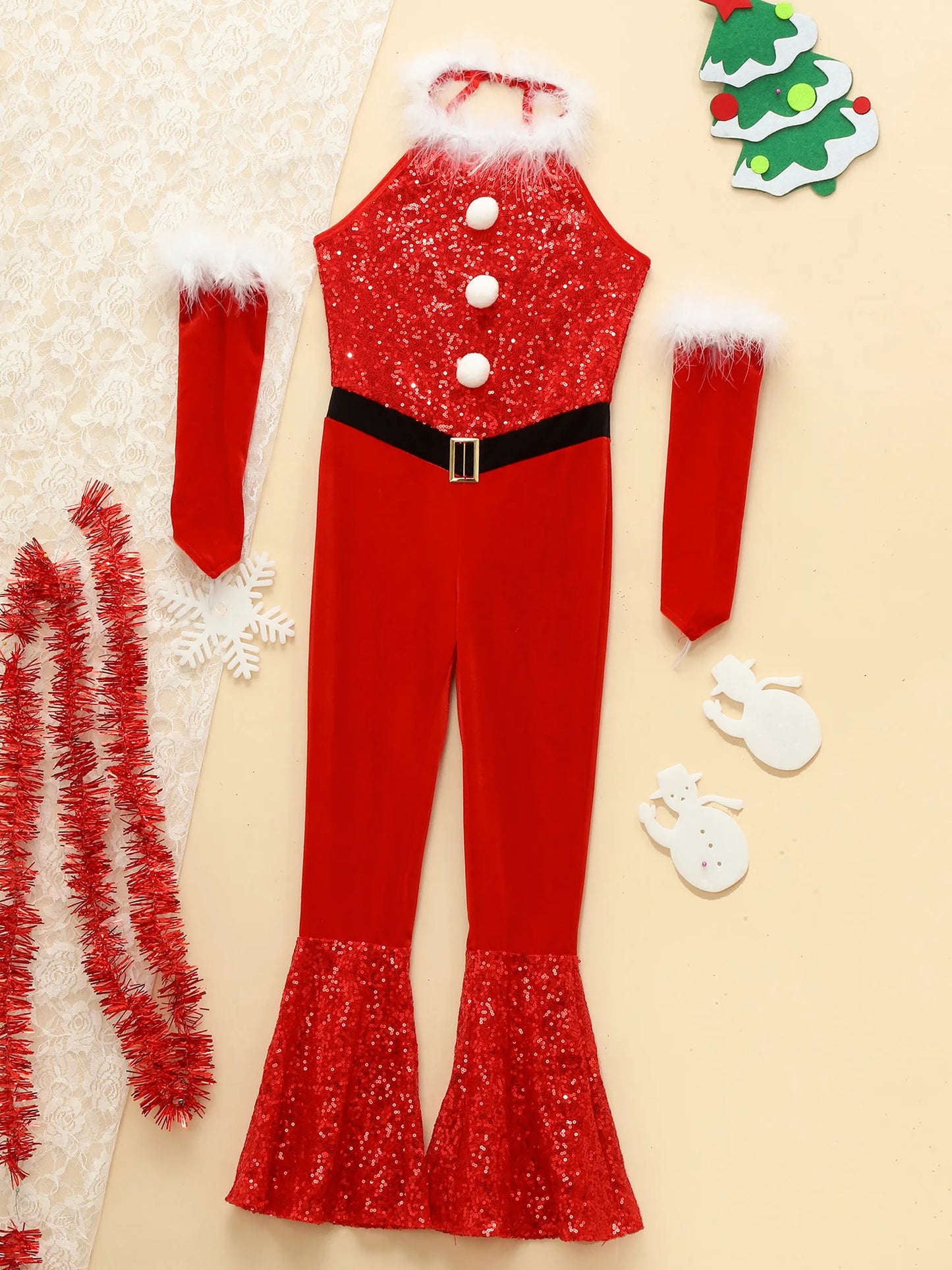 Girls Christmas Costume Santa Claus Velvet Sequins Bell Bottoms Jumpsuit with Arm Sleeve Merry Xmas Holiday Festive Outfits