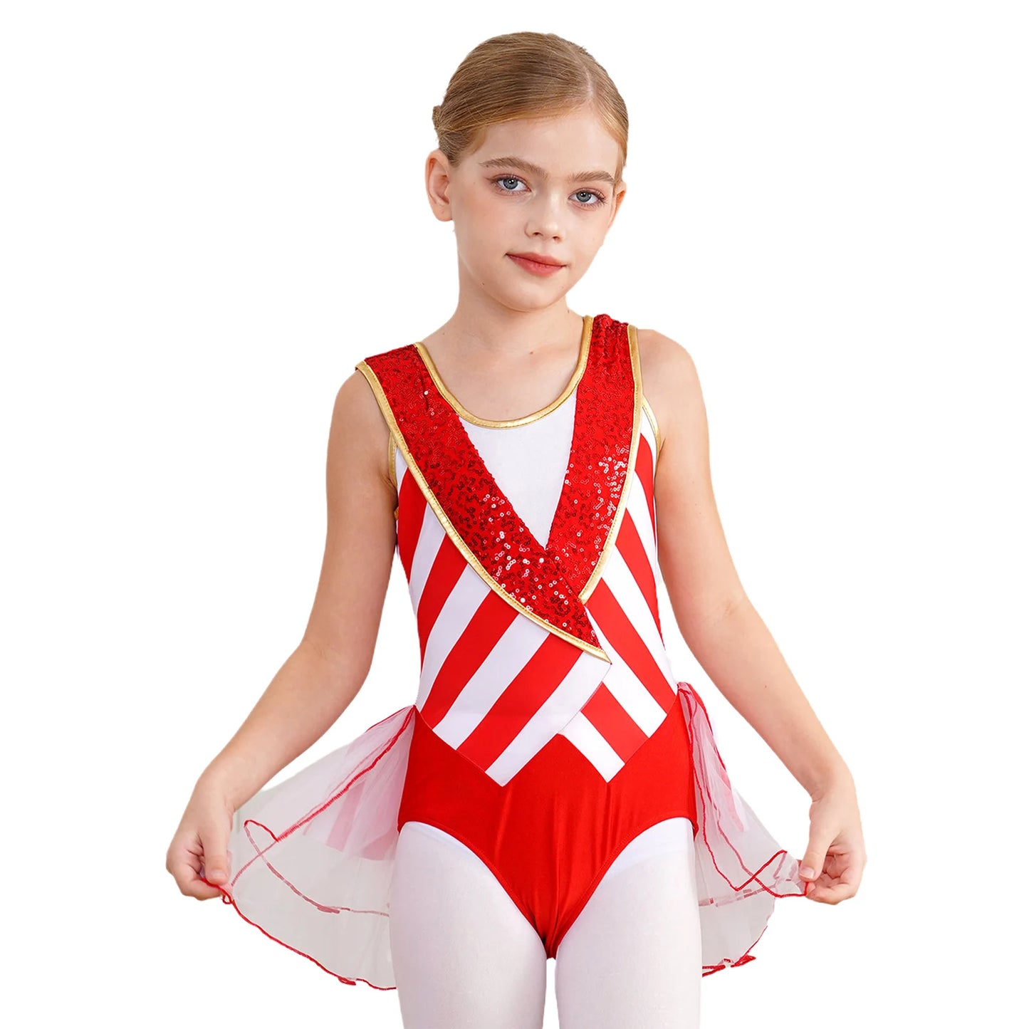 Kids Girls Sequins Candy Cane Christmas Costume Sleeveless Santa Sweetie Xmas Dance Gymnastics Leotards Dress for Holiday Party