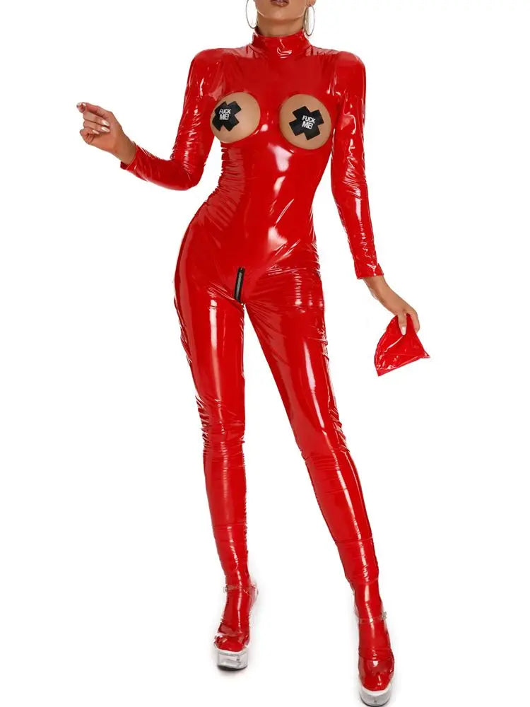 Shaped Breast Wet Look PVC Catsuit Shiny PU Leather Zipper Open Crotch Bodysuit Tights Cosplay Leotard Conjoined Sexy Jumpsuit