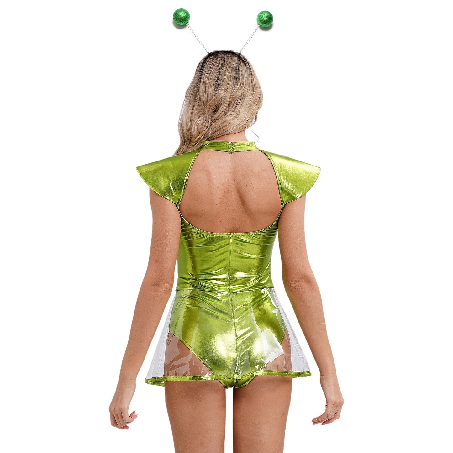 Frauen Weltraum Alien Kostüm Metallic Ausschnitt Rock Trikot Bodysuit außer irdische Halloween Cosplay Party verkleiden