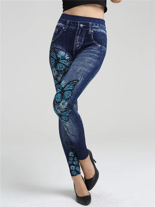 CUHAKCI High Elastic Blue Butterfly Print Leggings Plus Size Vintage Fake Jeans Women Jeggings Soft Fitness Trouses Sport Pants
