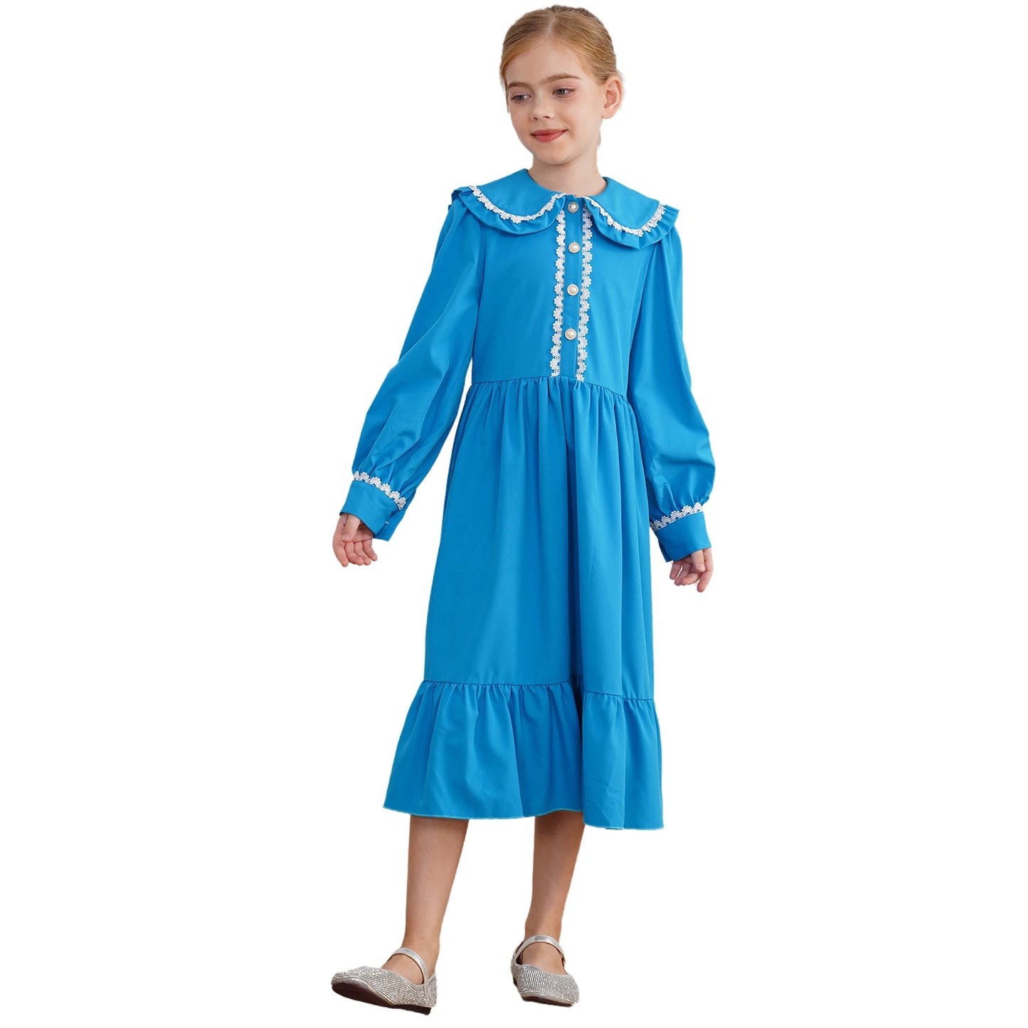 Victorian Girls Long Sleeve Lace Trim Ruffle Dresses Halloween Pioneer Colonial Prairie Costume Pilgrim Cosplay Fancy Dress Up