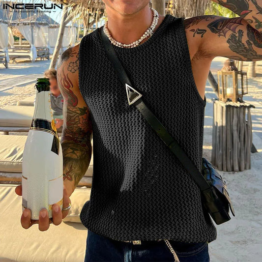 INCERUN Men Tank Tops Transparent O-neck Sleeveless Sexy Hollow Out Solid Color Male Vests Streetwear 2024 Fashion Men Clothing