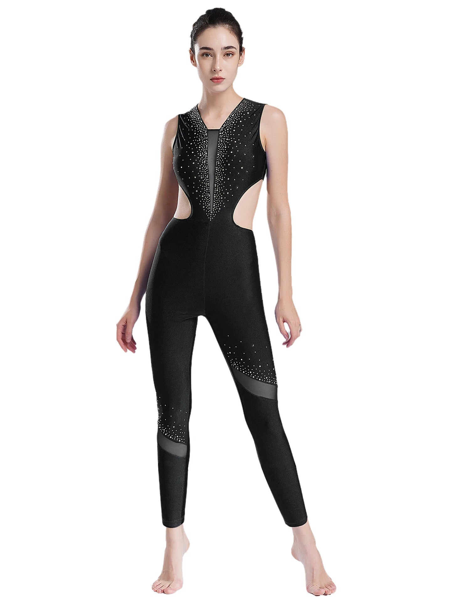 Damen Glitter Strass ärmellose Ausschnitt rücken freie Gymnastik Unitard Ballett Tanz Figur Eislauf Trikot Ganzkörper anzug