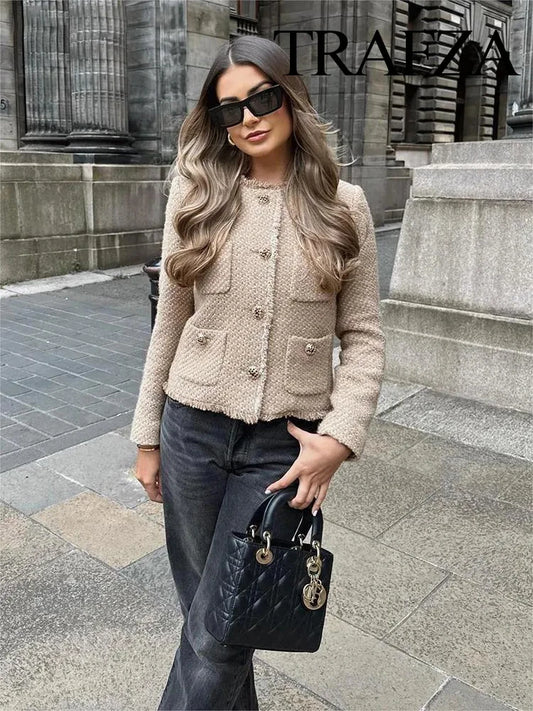 Trafza Herbst mode Damen Tweed Knopf kurze Jacke Langarm Kamel Jacken Mäntel Frauen ausgefranste kurze Frau elegante Jacke