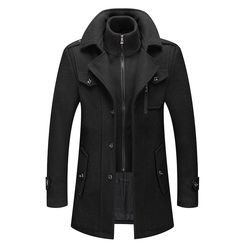 New Winter Mens Wool Blends Coats Solid Color Thick Warm Woolen Overcoat Double Neck Trench Coat Men Single Breasted Windbreaker