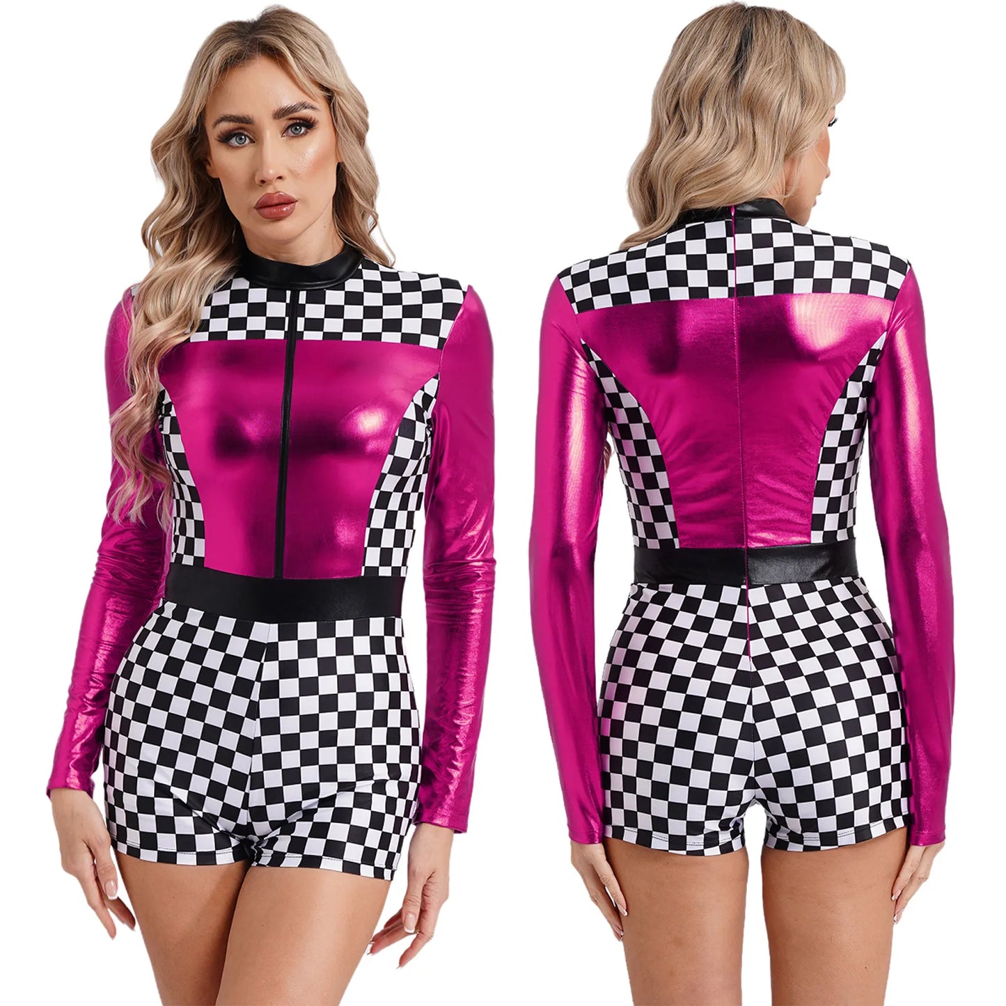 Womens Speed Car Driver Kostüm Halloween Racer Pullover Langarm Metallic Bodysuit Overall Cosplay Party Kostüm