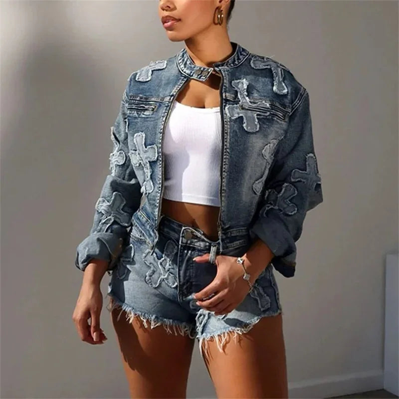 Frauen Vintage Stickerei Kreuz zweiteilige Sets Reiß verschluss Strickjacke Knopf Spleiß o Hals kurze Jacke weibliche Jeans anzüge Quaste Shorts