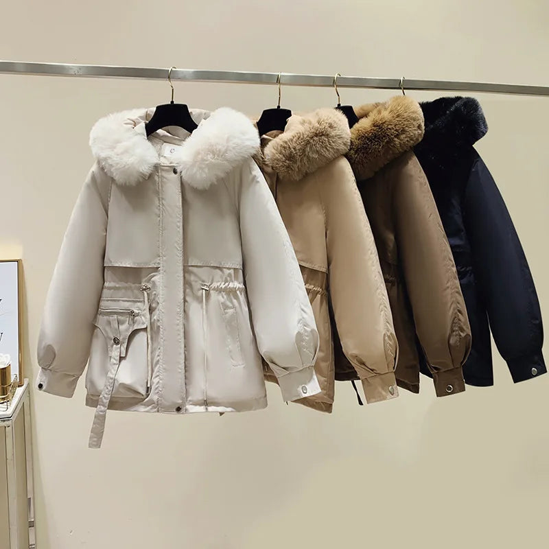 Fleece gefütterte Kapuze Daunen jacke Wintermantel für Frauen warme Kordel zug gepolsterte Parkas koreanische lässige Streetwear weibliche Puffer Outwear