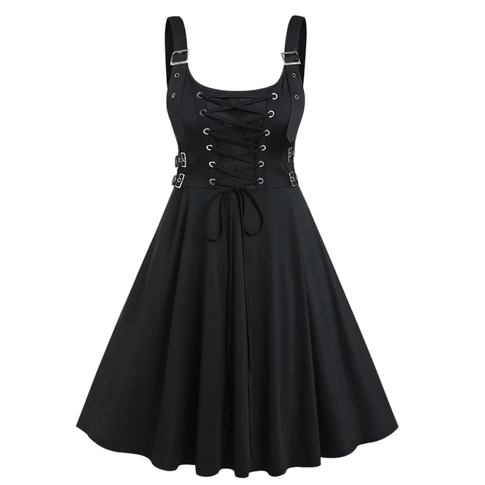 ROSEGAL Plus Größe Schwarz Hohe Taille Knie-Länge Party Kleid Für Frauen Gothic Lace Up Schnallen Sleeveless Backless Kleider vestidos