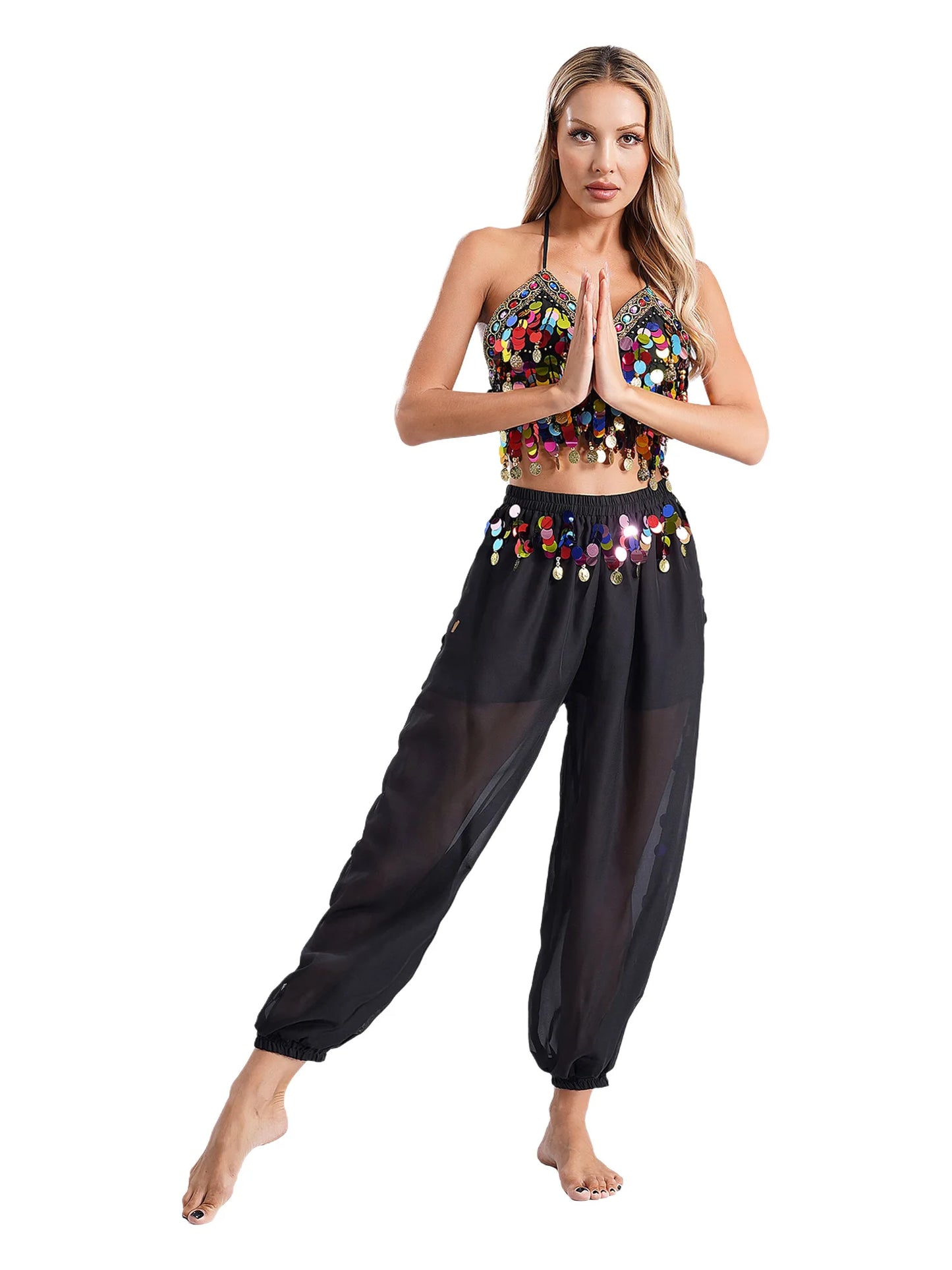 Damen Bauchtanz Outfit Pailletten Tops mit Harems hosen Halloween Kostüm Bollywood indischen Tanz Bühne Performance Kostüm