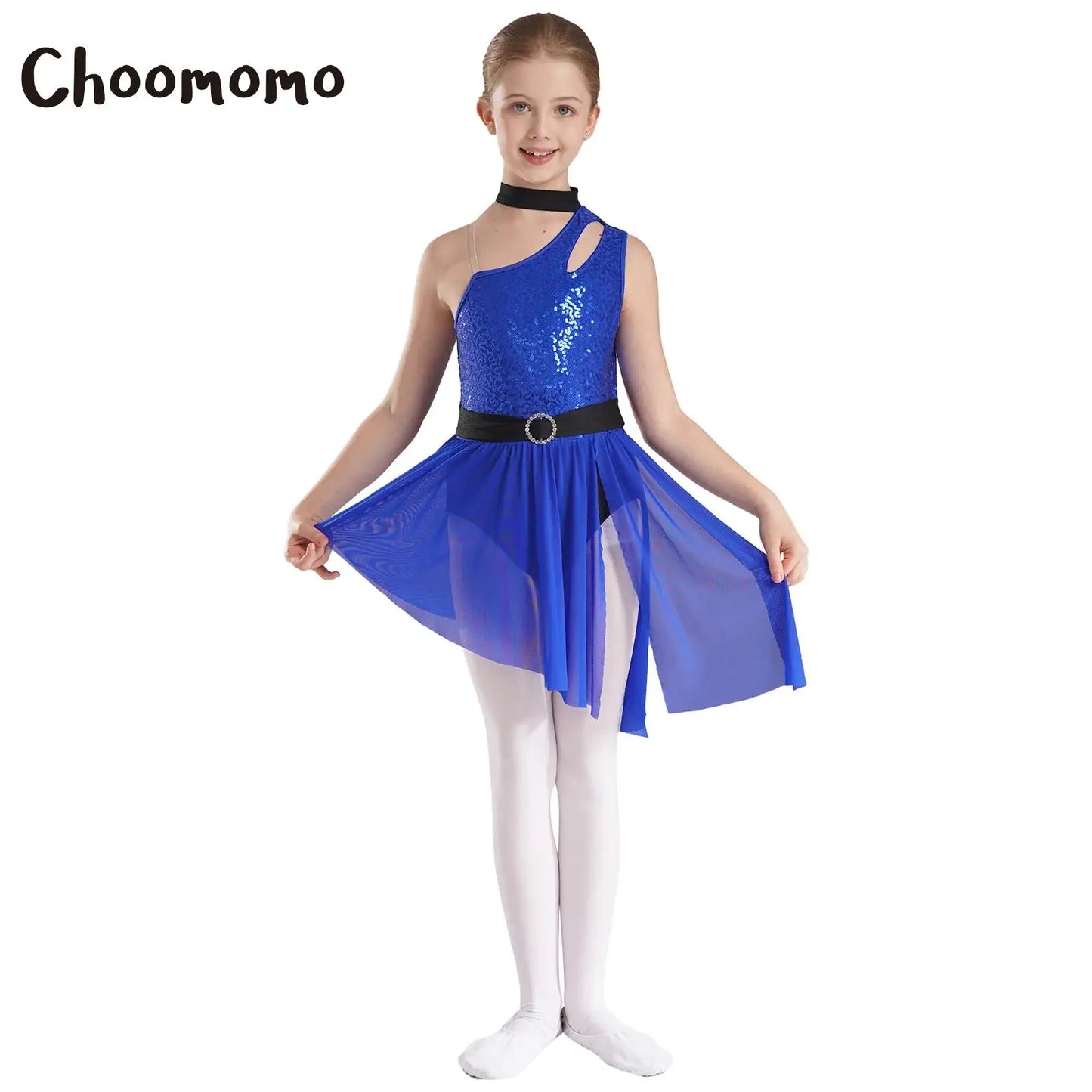 Kids Girls Lyrical Dance Costume Cutout One Shoulder Ballet Asymmetrical Tulle Dress Leotard Modern Contemporary Dancewear