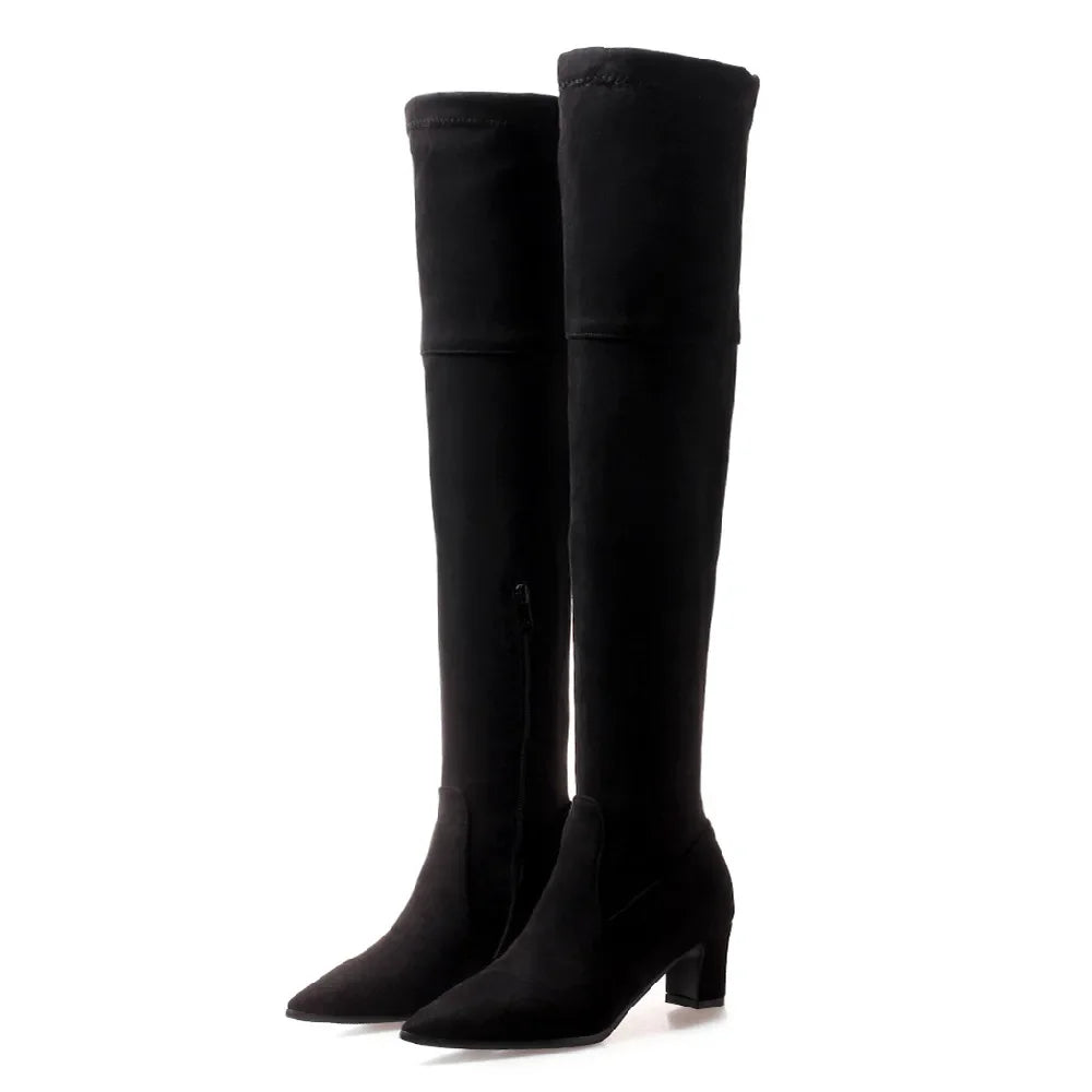 Winter Herbst Frauen Stretch über Knie Stiefel 6cm Block klobig High Heel schwarz grau Herde spitzen Zehen Dame Reiß verschluss Oberschenkel hohe Stiefel