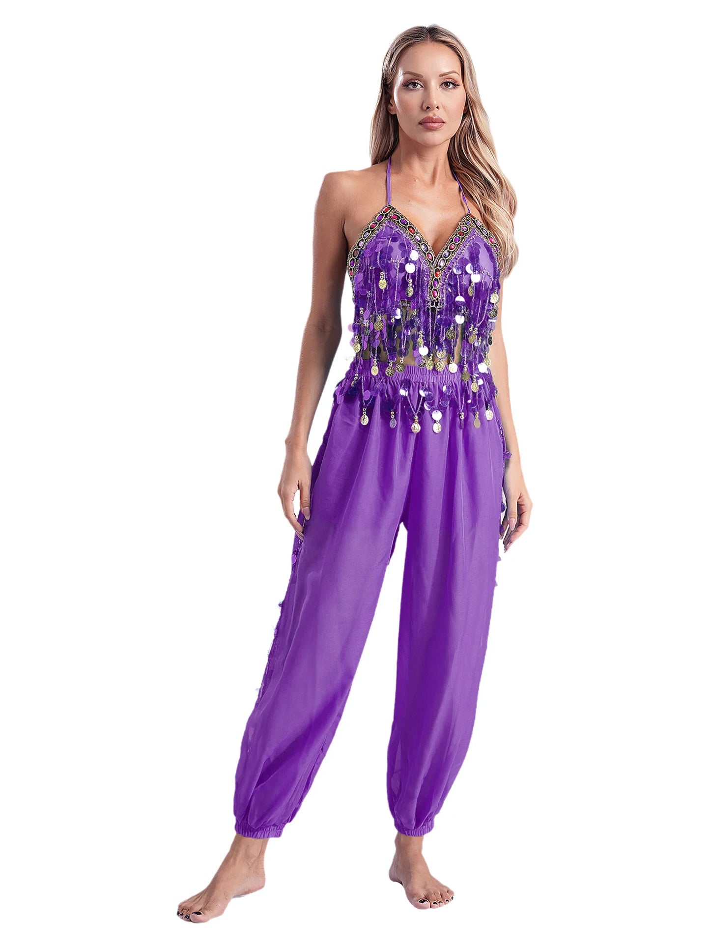 Damen Bauchtanz Outfit Pailletten Tops mit Harems hosen Halloween Kostüm Bollywood indischen Tanz Bühne Performance Kostüm