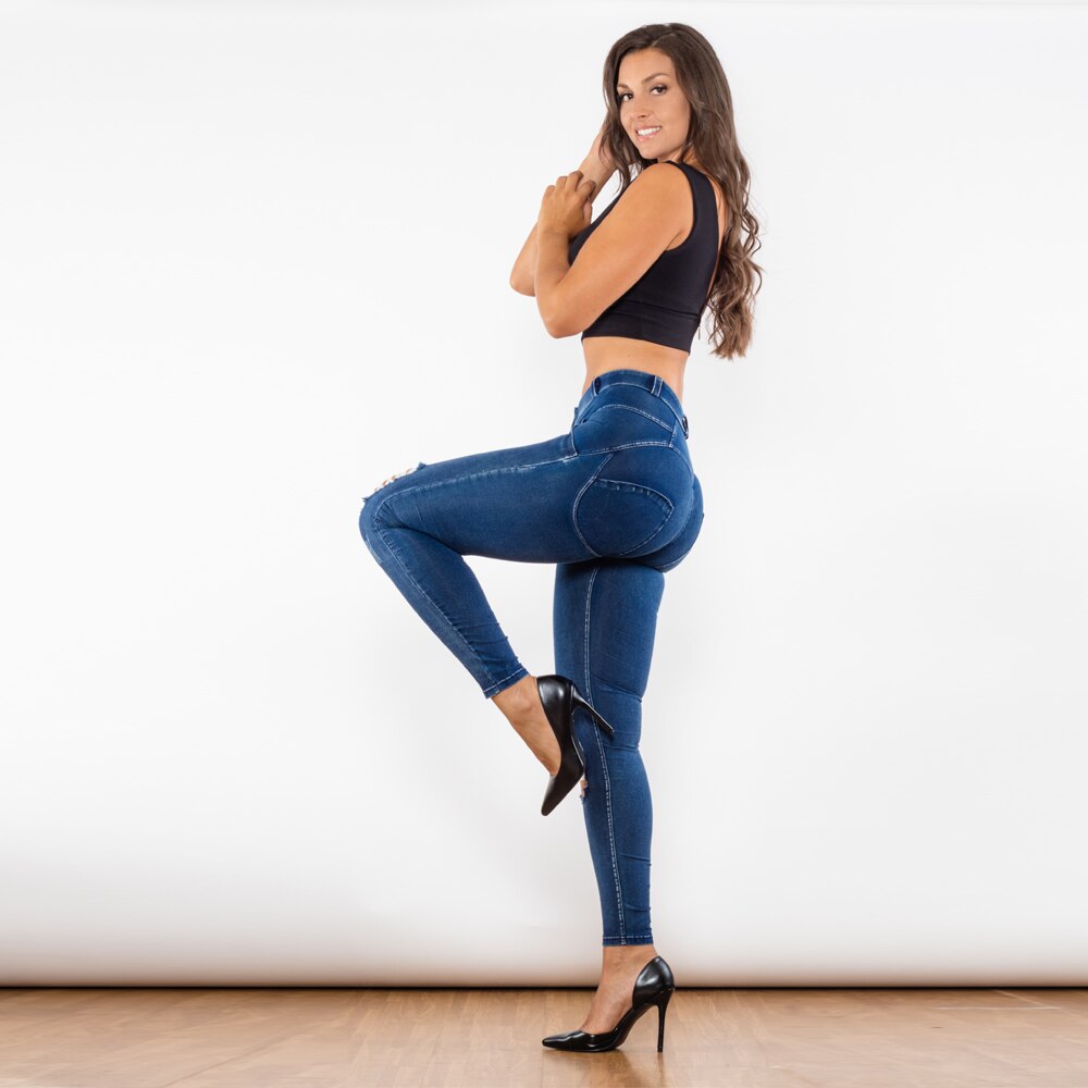 Shascullfites Melody Blue Washed Ripped Lifting Jeggings Push Up Butt Booty Female Middle Waist Jeans Women&#39;s Pants