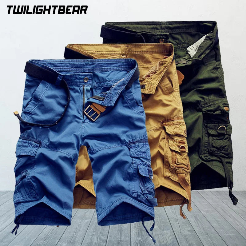 Summer Men's Casual Shorts Multi Pocket Cargo Shorts High Quality Slim Fat Steetwear Cotton Middle Pants Men Clothing AF19