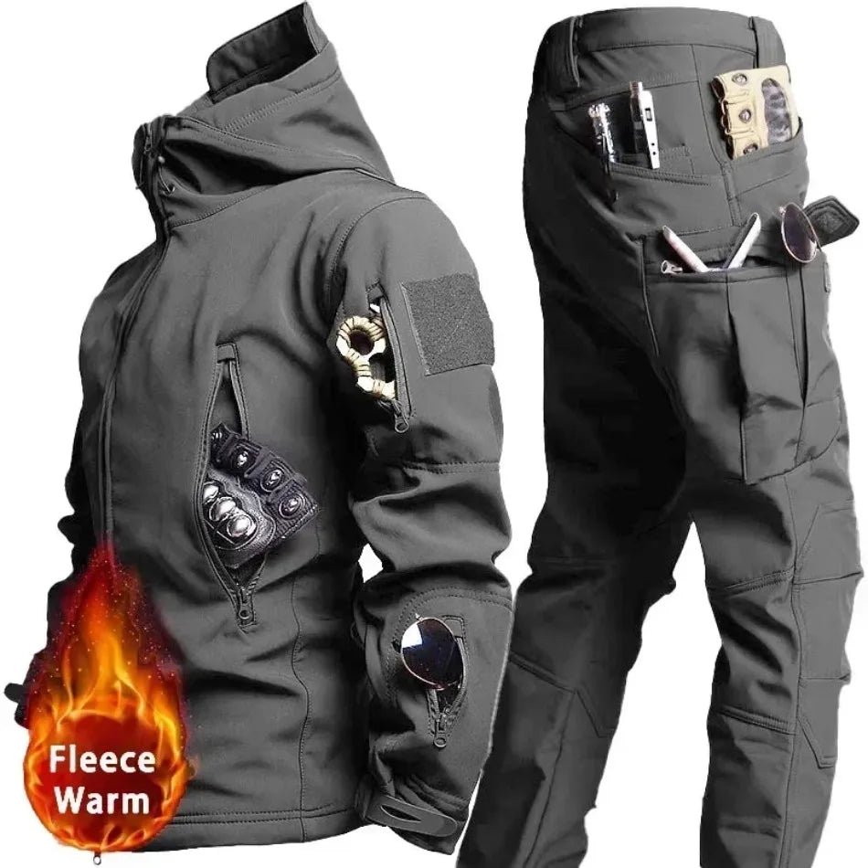 Winter Thicken Men Camo Suit Waterproof Tactical Training Set Multi-pocket Hooded Jacket Fleece Pants Outdoor Hunting 2-piece