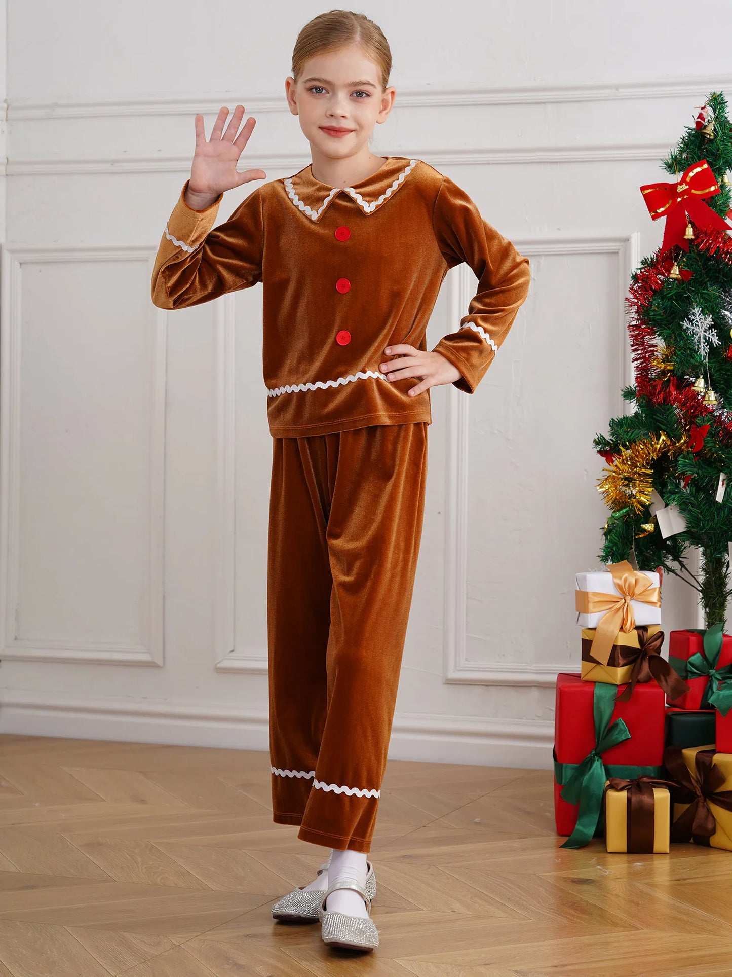 Girls Christmas Gingerbread Man Costume Velvet Long SleeveTop with Pants for Xmas Holiday Cookie Cosplay Dress Up Party