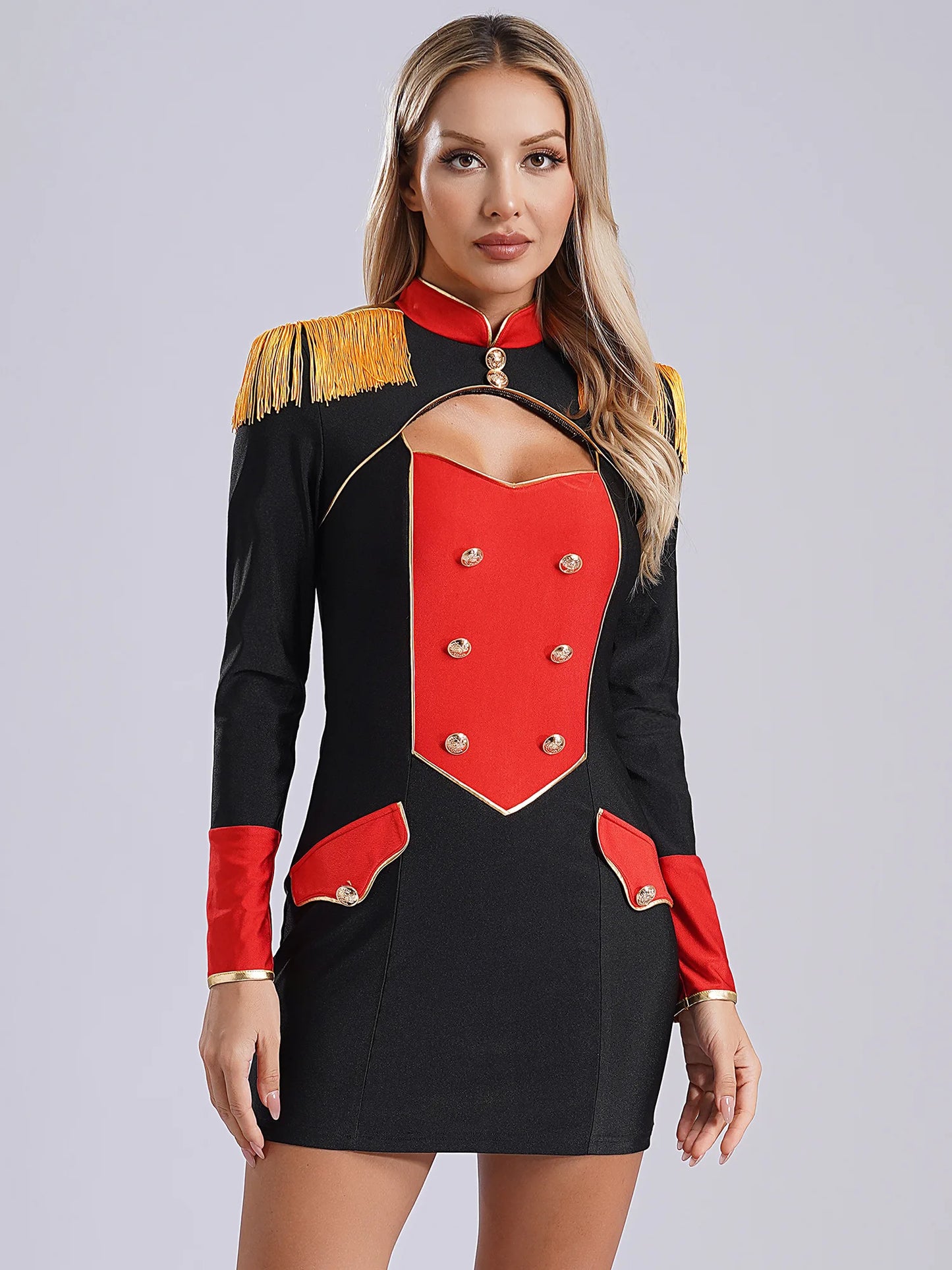 Damen roten Ring master Langarm Quaste Ausschnitt Mini kleid Bodycon Zirkus Showman Löwe Tamer Rin leader Halloween Kostüme